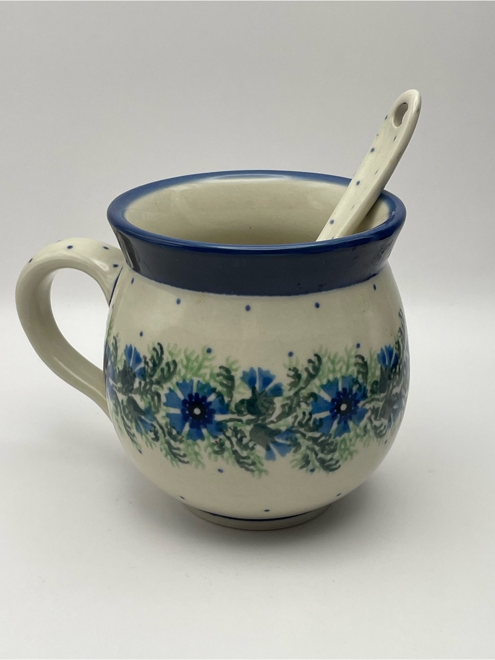 Handmade Polish Pottery, “Blue Cornflower”, “Bubble” Mug and Spoon, Poland